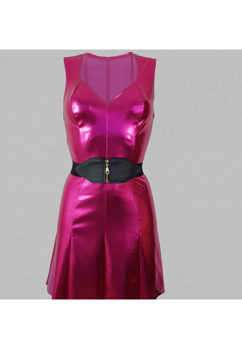 Pink wet look dress with belt made in Germany -