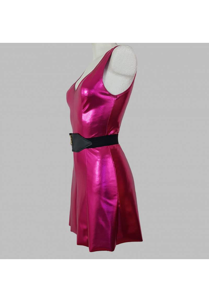 Pink wet look dress with belt made in Germany -