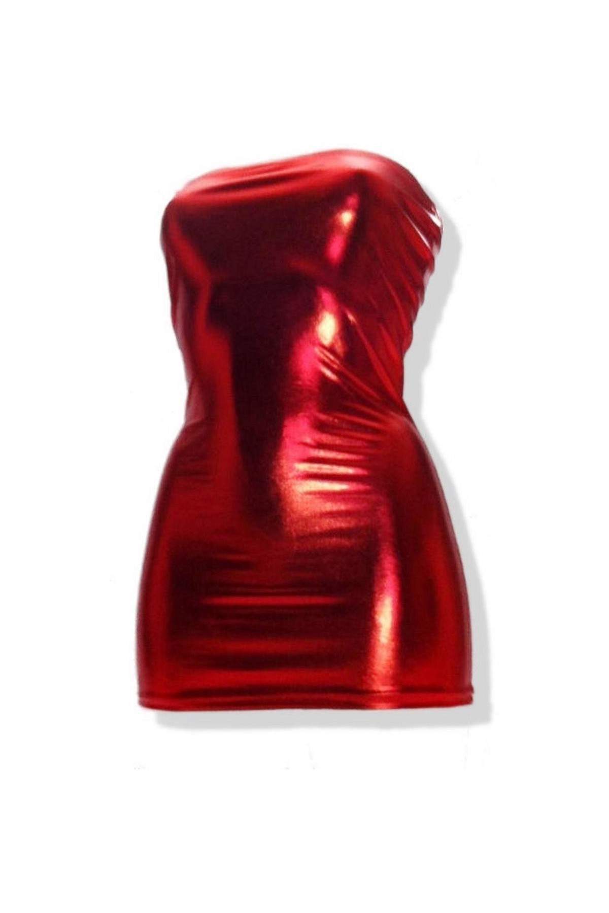 Leather Look Red Bandeau Dress - Rabatt