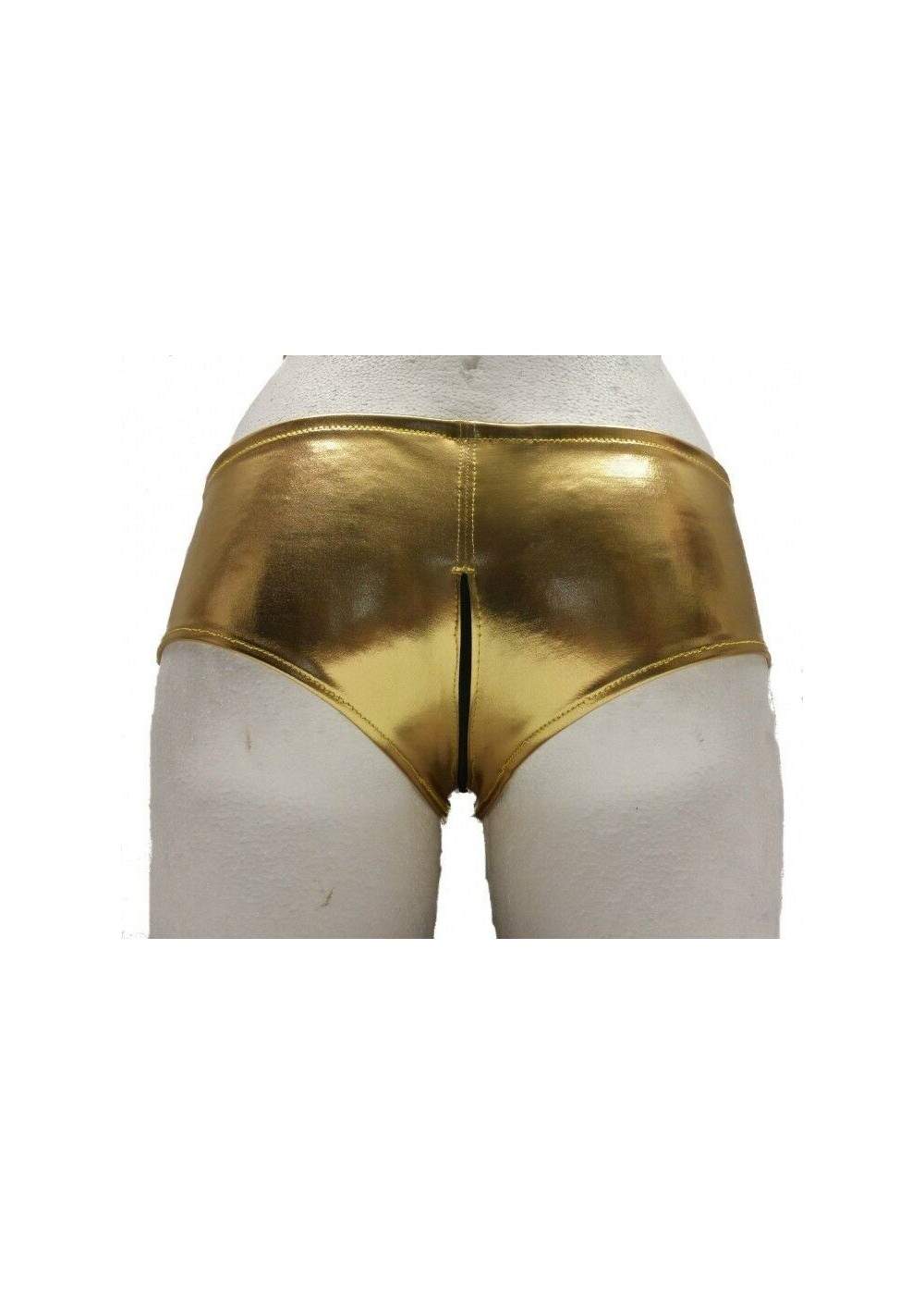 Pantalones calientes Ouvert de cuero dorado con cremallera Tallas 34 - 42