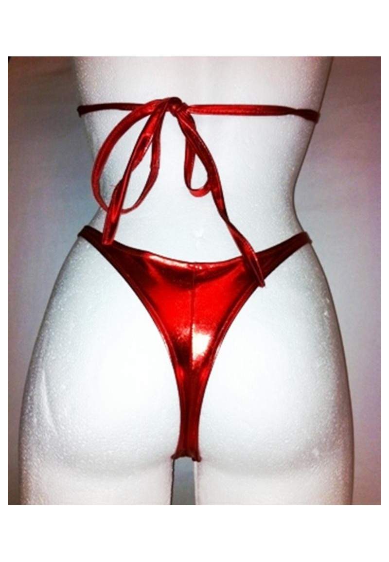 Leather-Look Mega Red GoGo Neckholder String Bikini - 