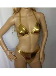 black week Save 15% Leather Look Mega Golden GoGo Halter String Bikini - 