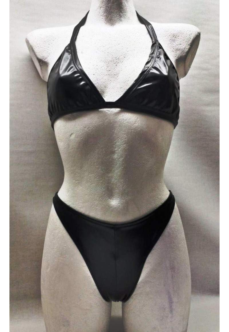Leder-Optik schwarzer Neckholder String-Bikini
