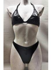 black week Save 15% Leather-look black halter neck string bikini - 