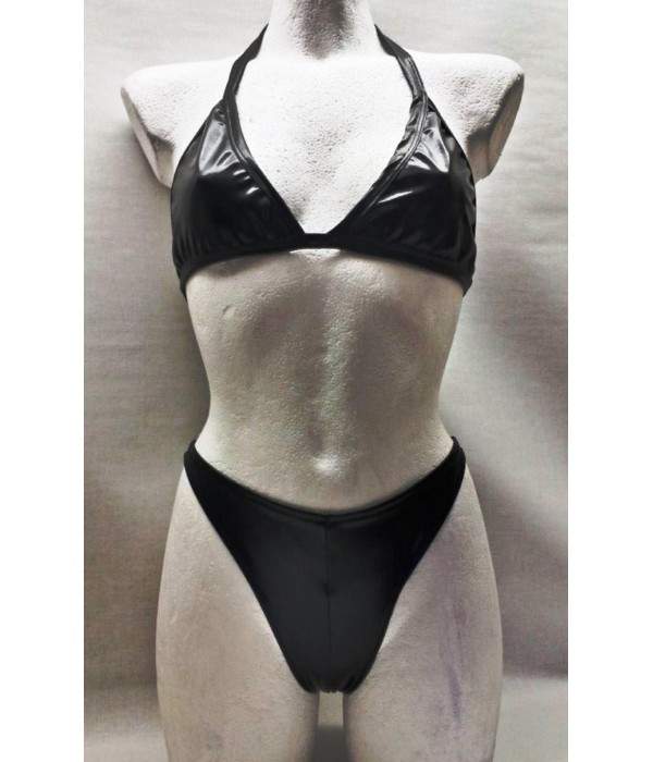 Leather-look black halter neck string bikini