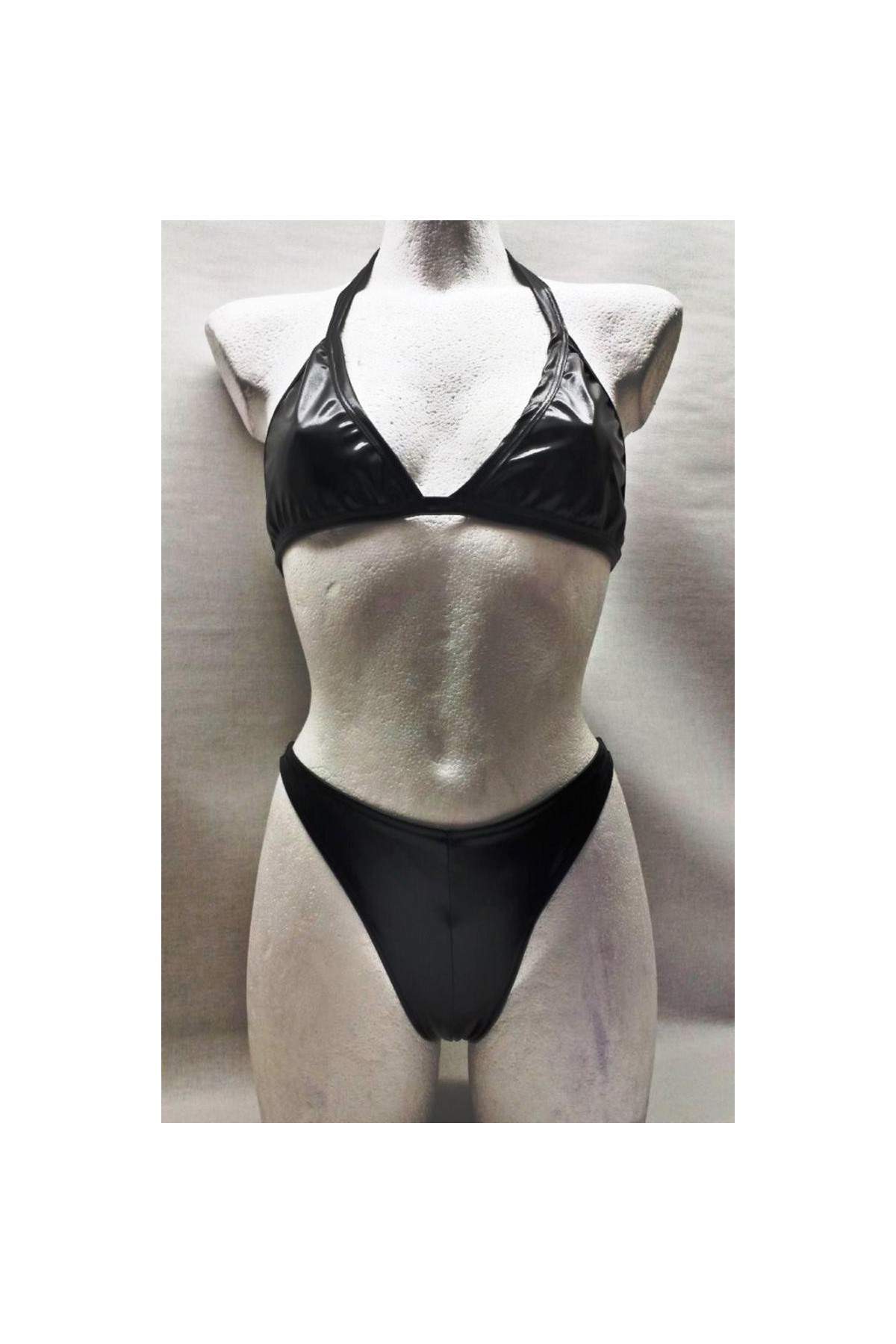 Leather-look black halter neck string bikini - Deutsche Produktion