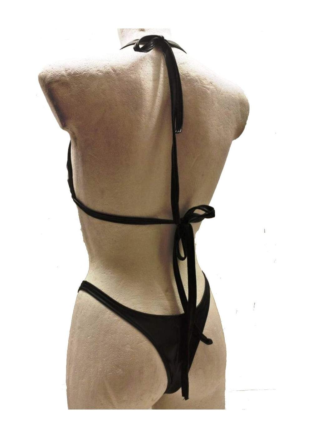 Leather-look black halter neck string bikini - 