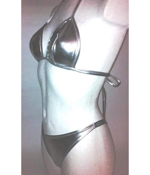 Leder-Optik Mega silberner GoGo Neckholder String-Bikini - 