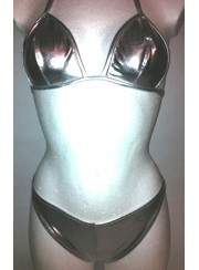 Leder-Optik Mega silberner GoGo Neckholder String-Bikini - 
