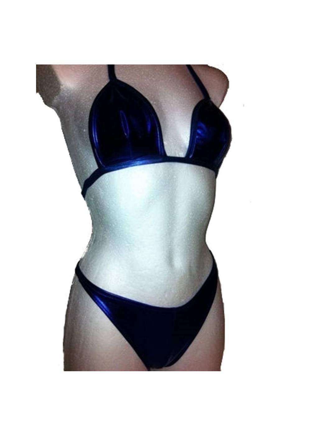 Bikini de cuero azul GoGo con escote halterneck de moda de baile, cl... - 