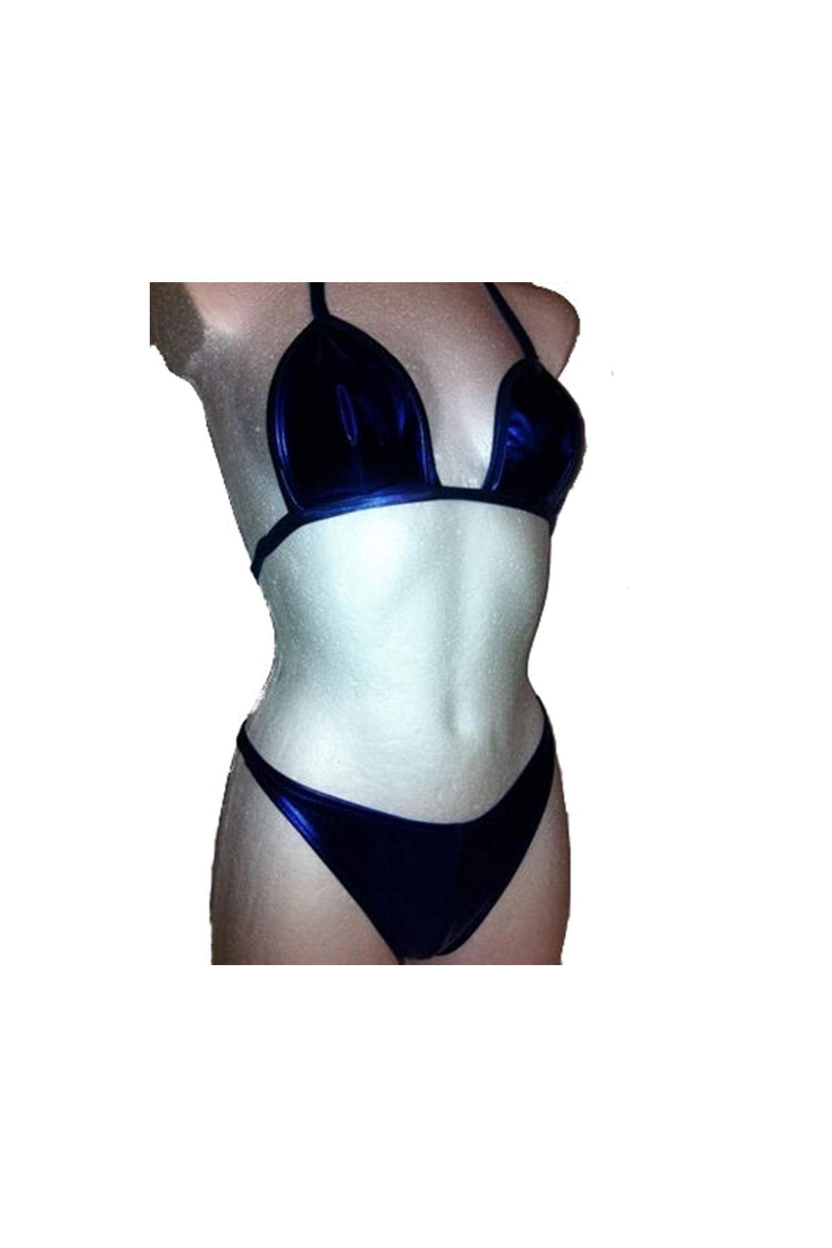 FGirth Leder-Optik Mega blauer GoGo Neckholder String-Bikini - Deutsche Produktion