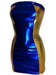 Leder-Optik Designer Bandeau-Kleid blau gold Metalleffekt - 
