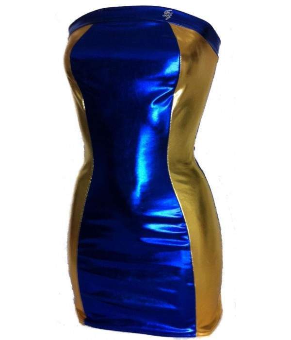 Leder-Optik Designer Bandeau-Kleid blau gold Metalleffekt