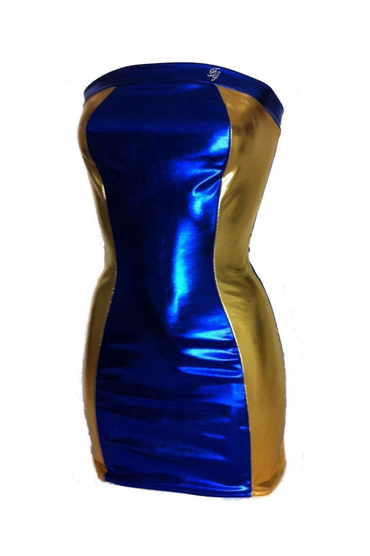 Leder-Optik Designer Bandeau-Kleid blau gold Metalleffekt - 
