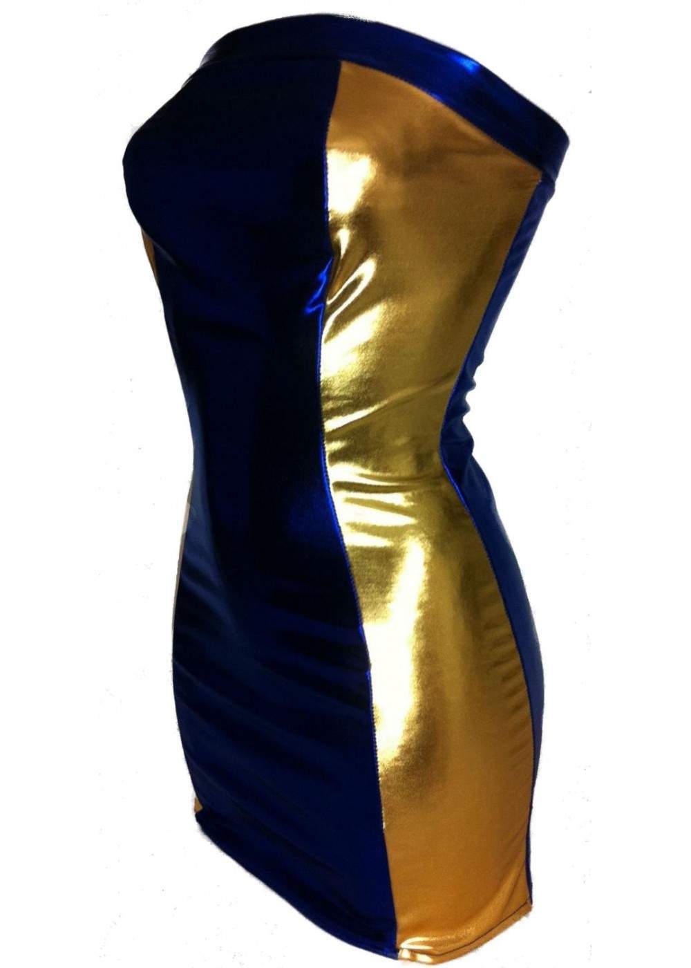 Leather look dress blue gold metal effect - Rabatt