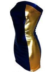 Leather look dress blue gold metal effect - Rabatt