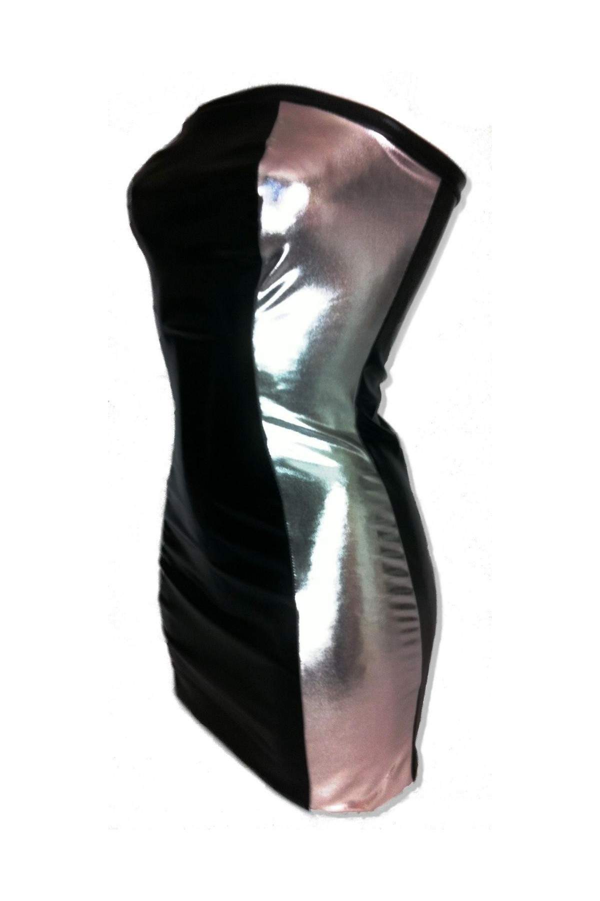 Extravagantes Leder-Optik BANDEAU-Kleid schwarz silber - Deutsche Produktion