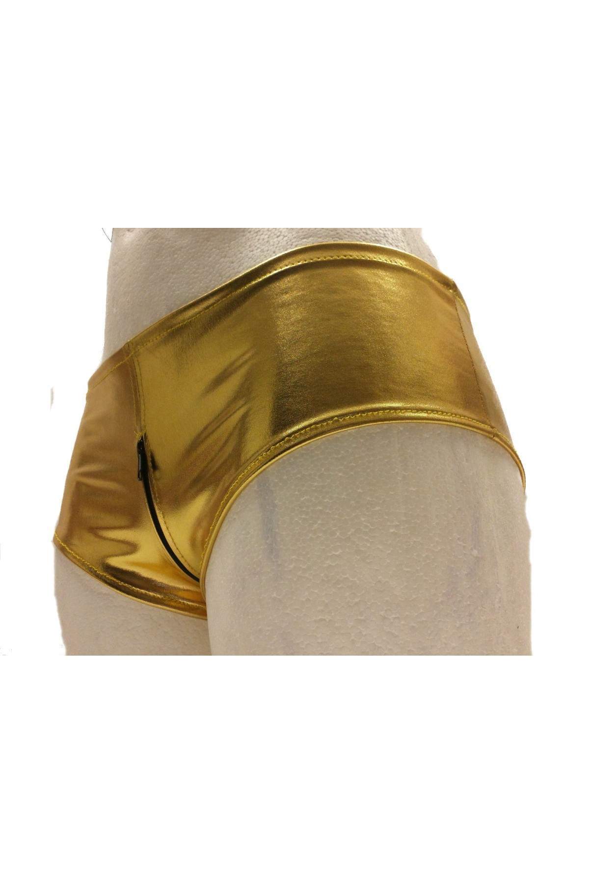 Leder-Optik Ouvert Hotpants Gold mit Reißverschluss Größen 32 - 52 - 