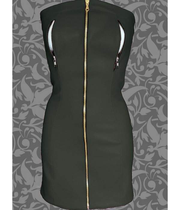 Schwarzes Lederkleid Nippelfrei mit Reißverschlüssen Größen 32 - 60