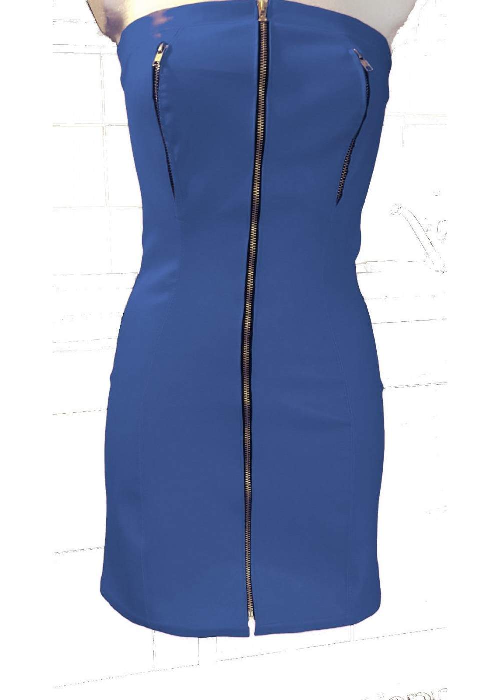 Extravagantes Nippelfrei Softleder Kleid blau mit Reißverschlüssen - Deutsche Produktion