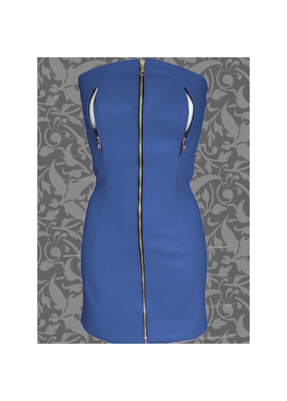 Nipple free soft leather dress blue with zippers - 