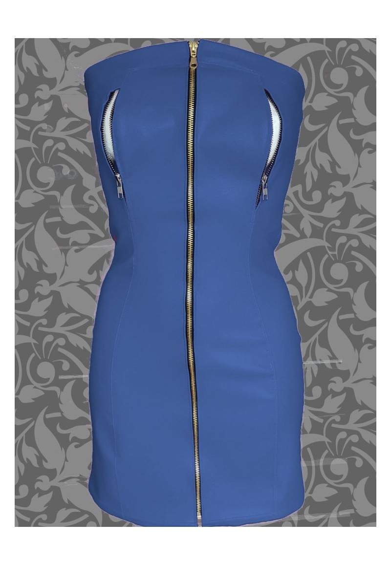 Nipple-free soft leather dress blue with zippers - 