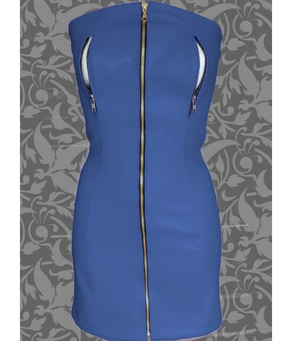 Nipple free soft leather dress blue with zippers