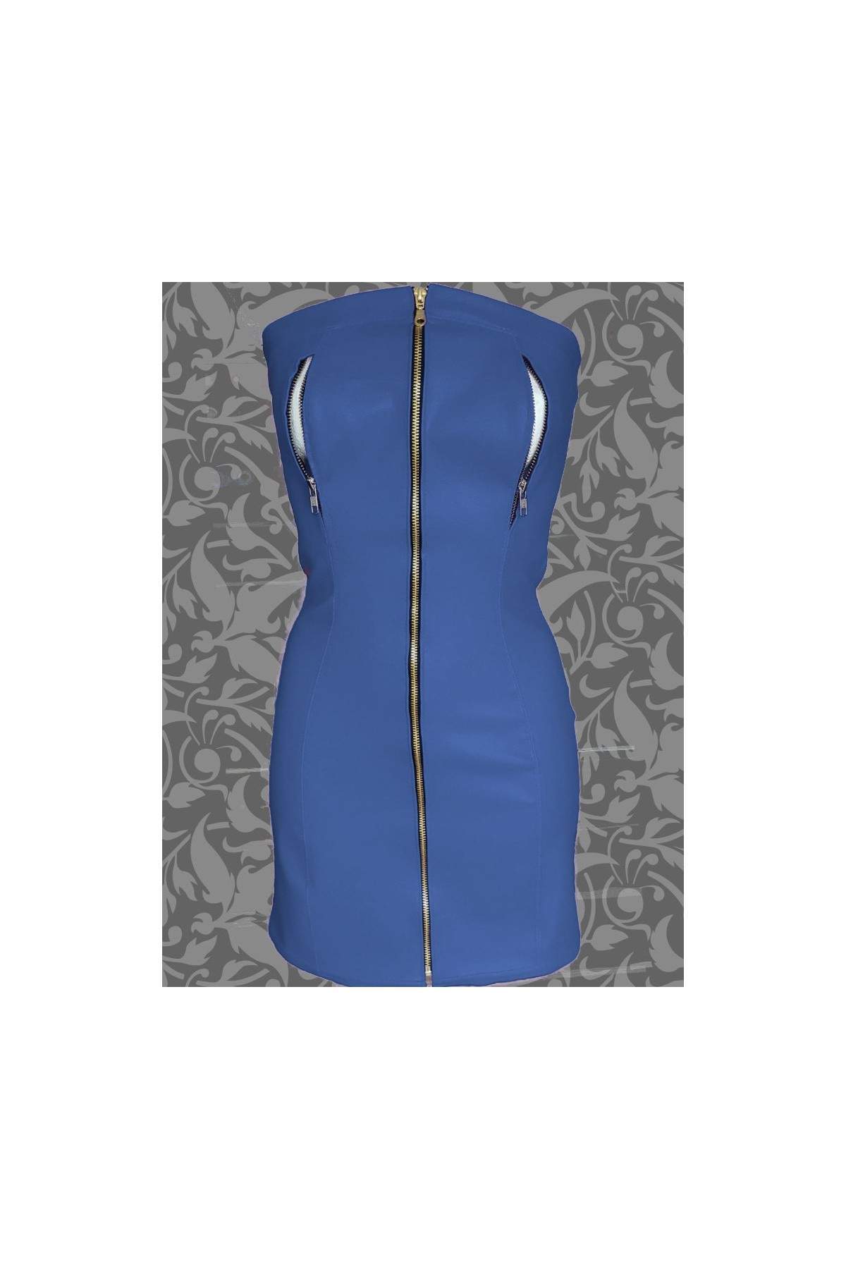 Extravagantes Nippelfrei Softleder Kleid blau mit Reißverschlüssen - Rabatt