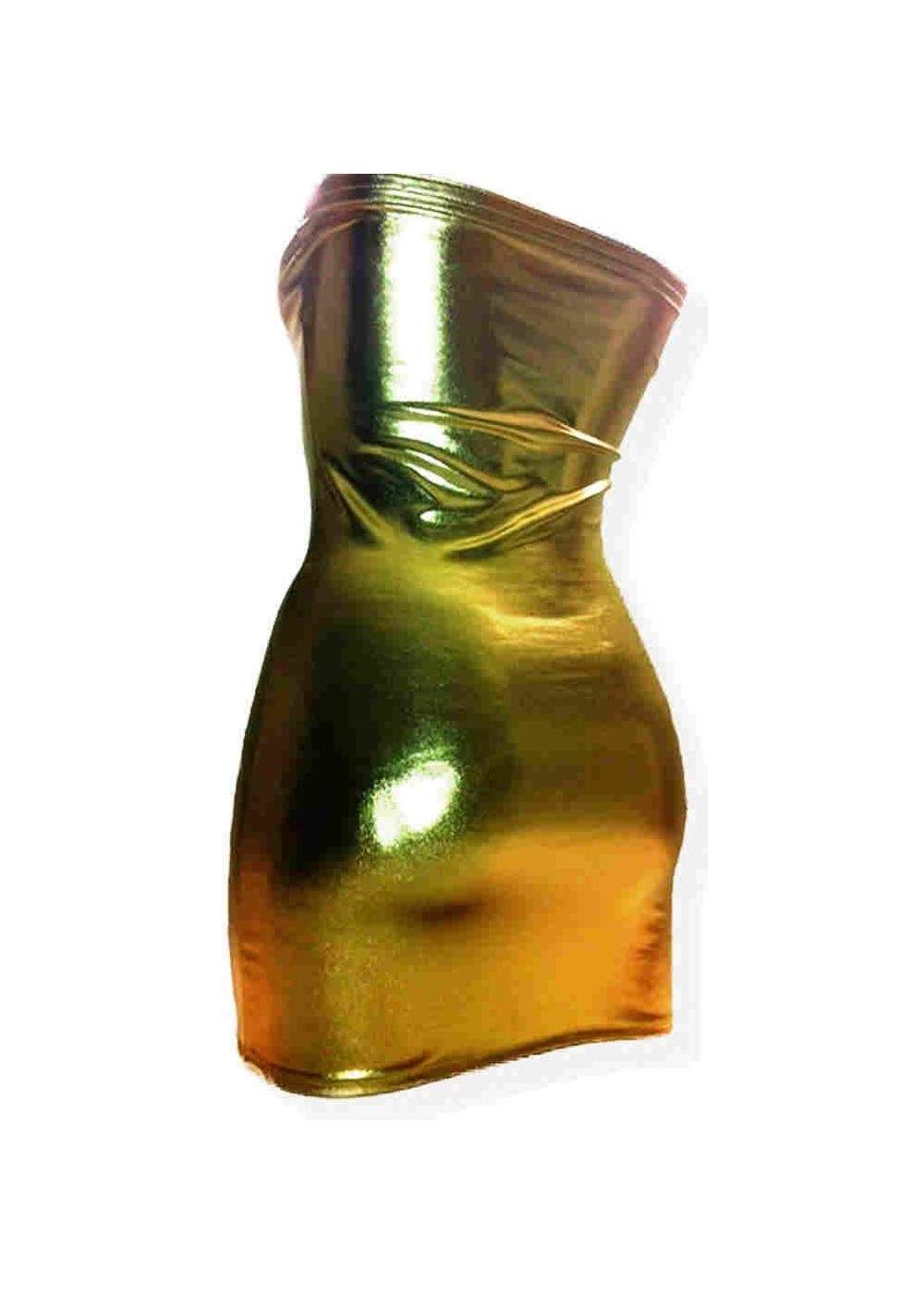 Leather Look Golden Wetlook Bandeau Dress - 
