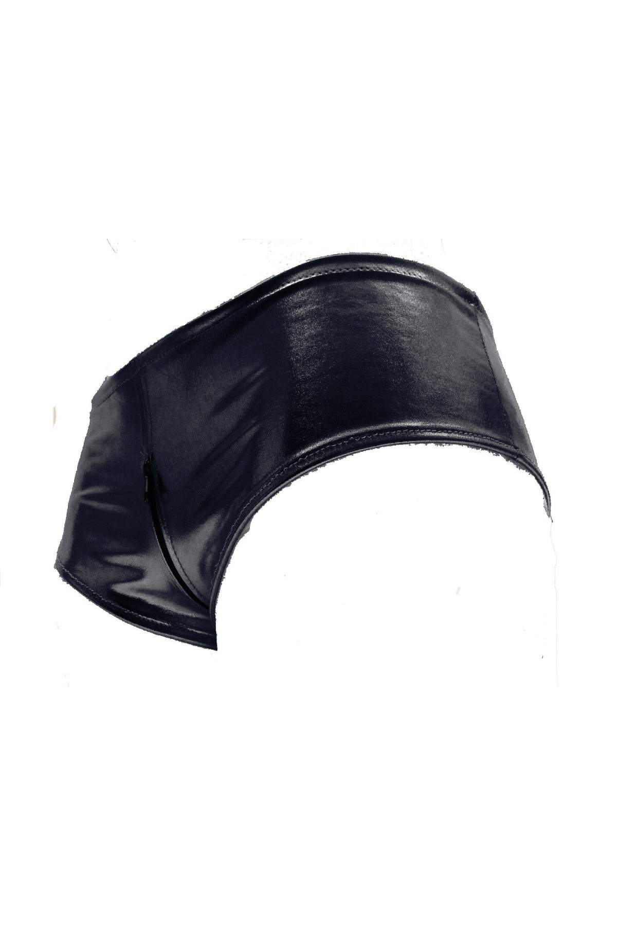 Leder-Optik Ouvert Hotpants Schwarz mit Reißverschluss - 