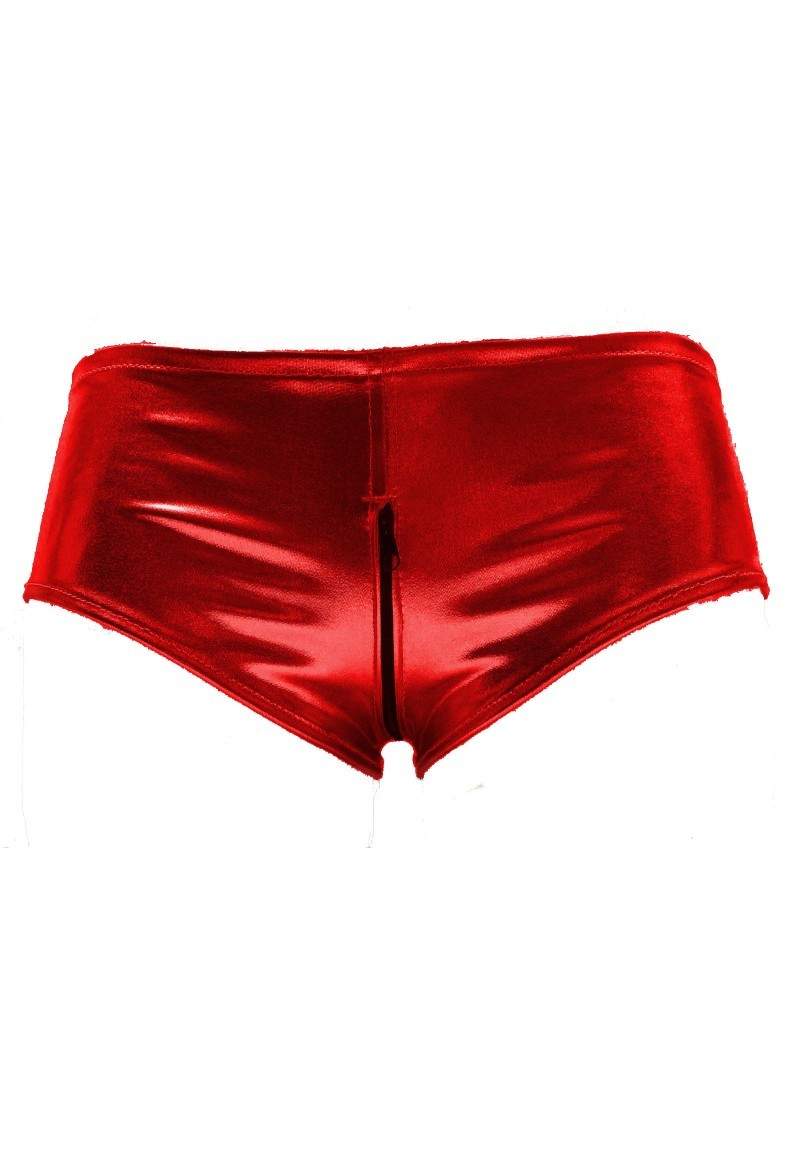 Leather look F.Girth red hot pants Ouvert with zipper - 